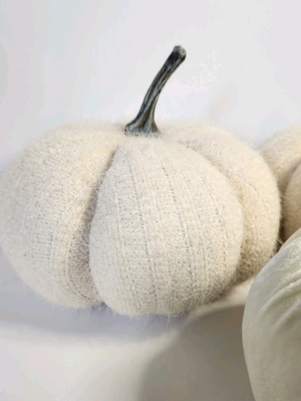 Cream Velvet And Knit Decorative Pumpkins with Stems - Grateful Tag - Picture 4 of 9